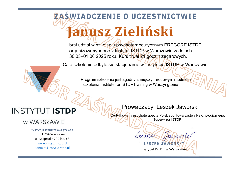Wzór zaświadczenia o odbyciu szkolenia — Instytut ISTDP